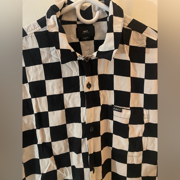 Checkered Button Down Obey Shirt- Unisex - Picture 3 of 3